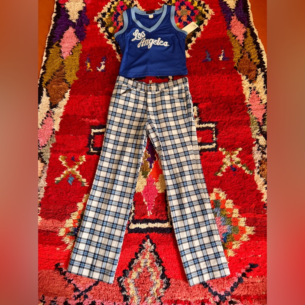 70s Vintage Blue Plaid Pants Sz M - Picture 1 of 11